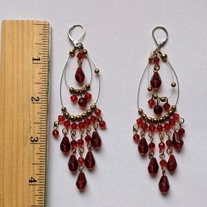 Boho Style Teardrop Wire Dangle Earrings with Red and Gold-Colored Beads
